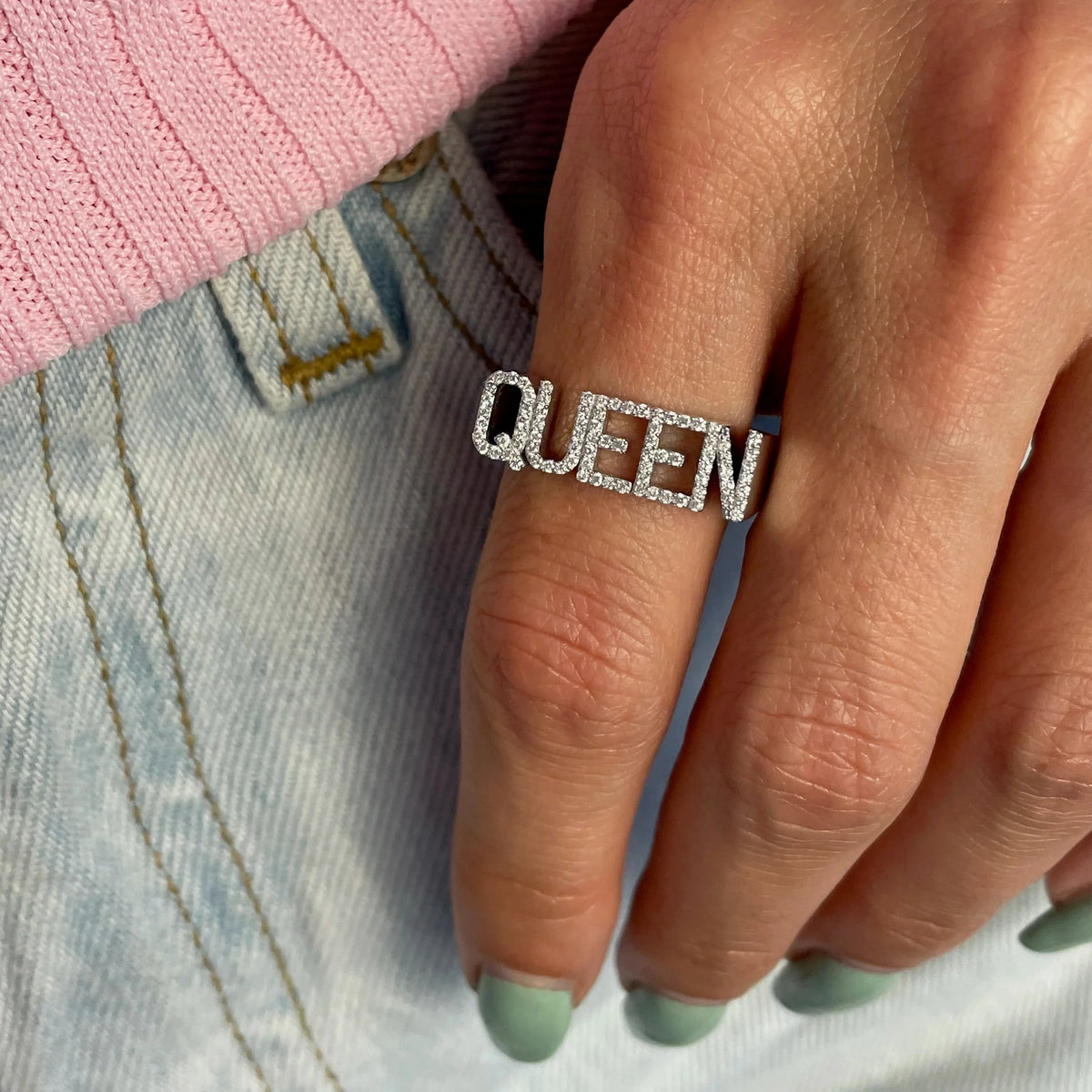 3D Name Ring Custom Diamond Name Ring 925 Sterling Silver Closed Ring Personalized Diamond Rimmed Initial Ring Gift for Women