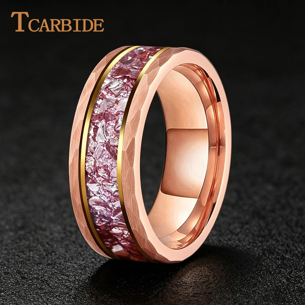 TCarbide 8mm Beautiful Pink Morganite Stone Inlay Wedding Band Men Women Tungsten Hammer Ring Comfort Fit