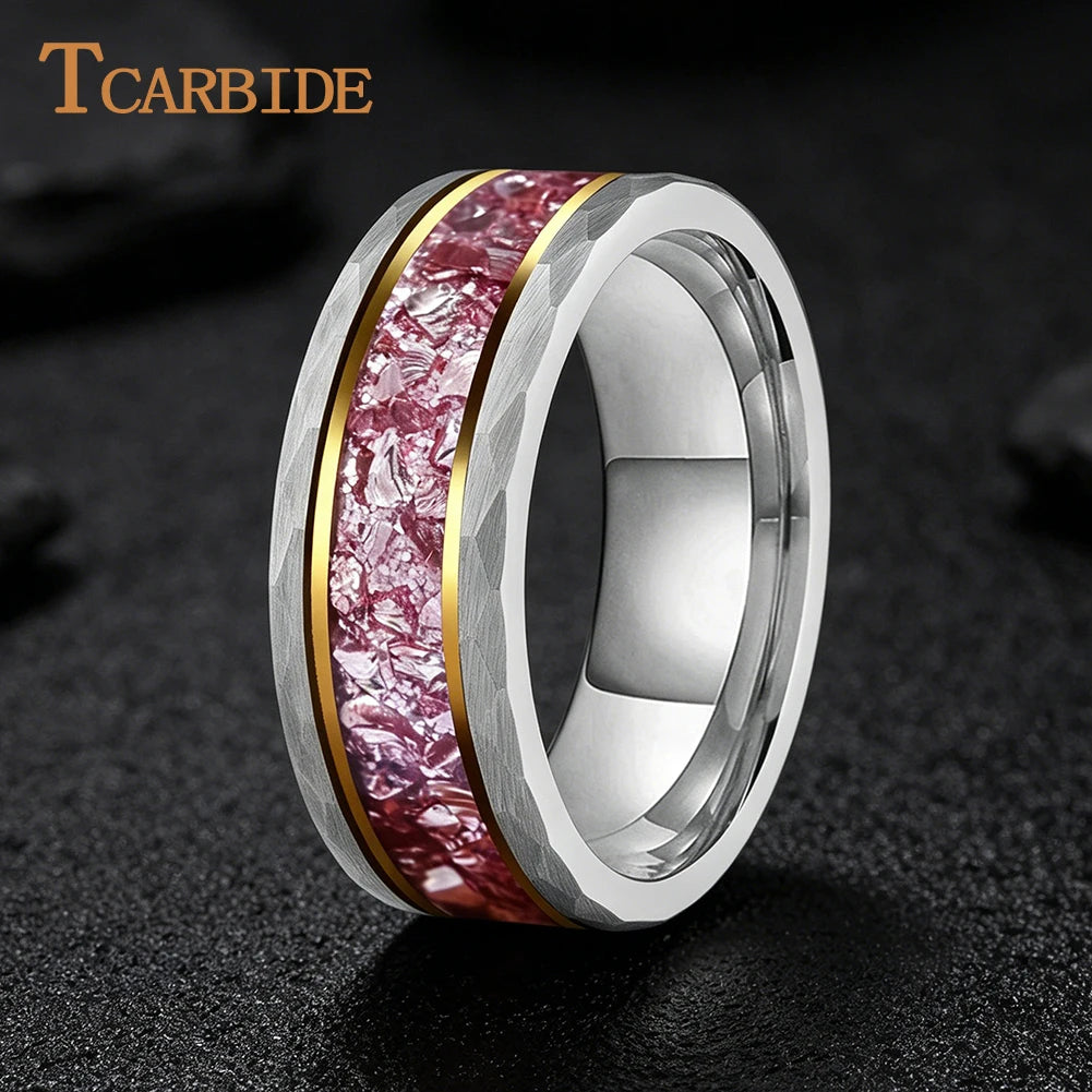 TCarbide 8mm Beautiful Pink Morganite Stone Inlay Wedding Band Men Women Tungsten Hammer Ring Comfort Fit