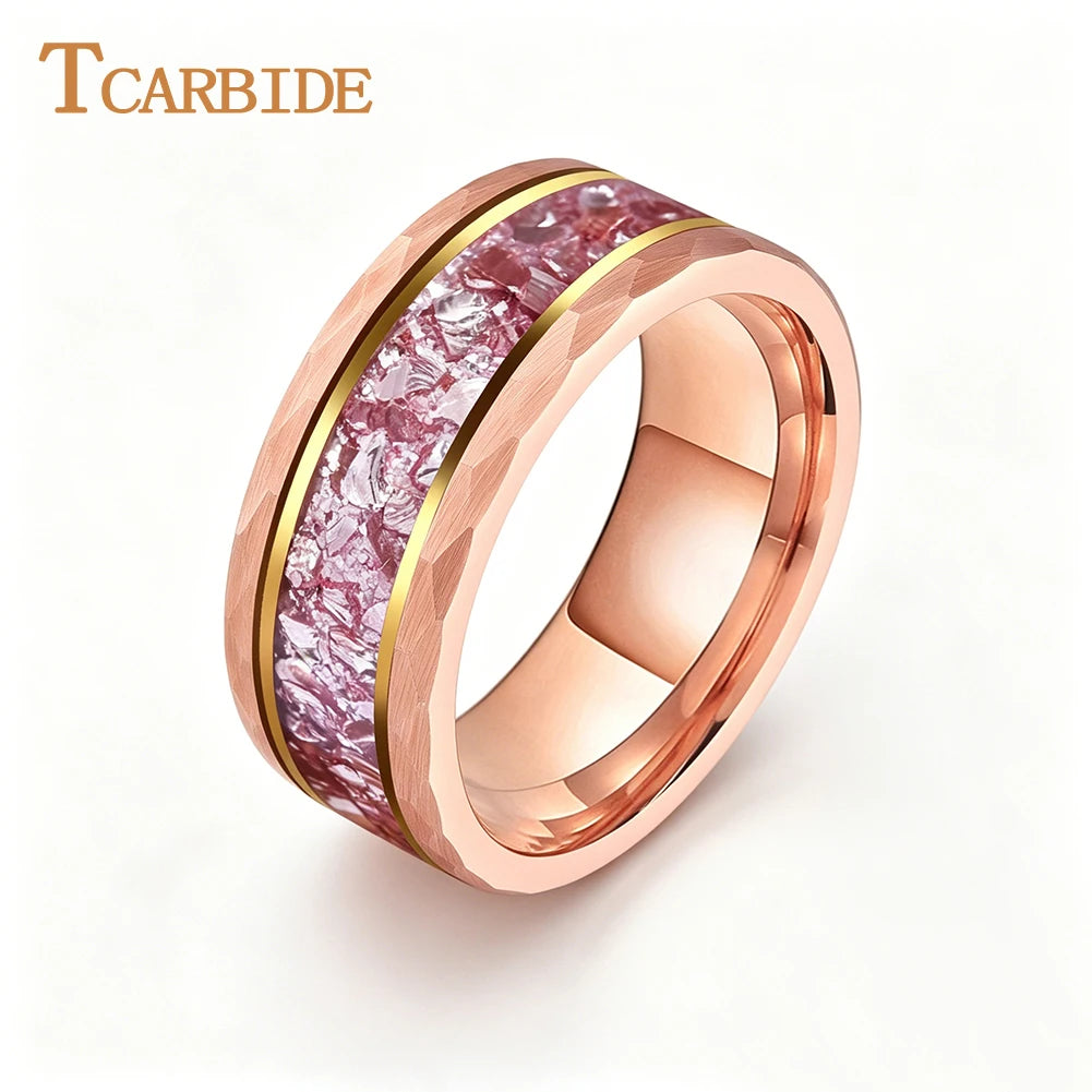 TCarbide 8mm Beautiful Pink Morganite Stone Inlay Wedding Band Men Women Tungsten Hammer Ring Comfort Fit